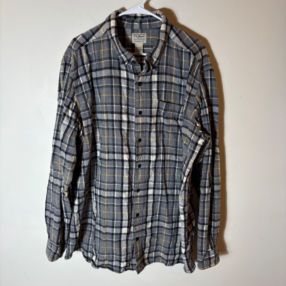 L.L. Bean Flannel Shirt Traditional Fit Gray Yellow Plaid Cotton Size XXL Tall‎